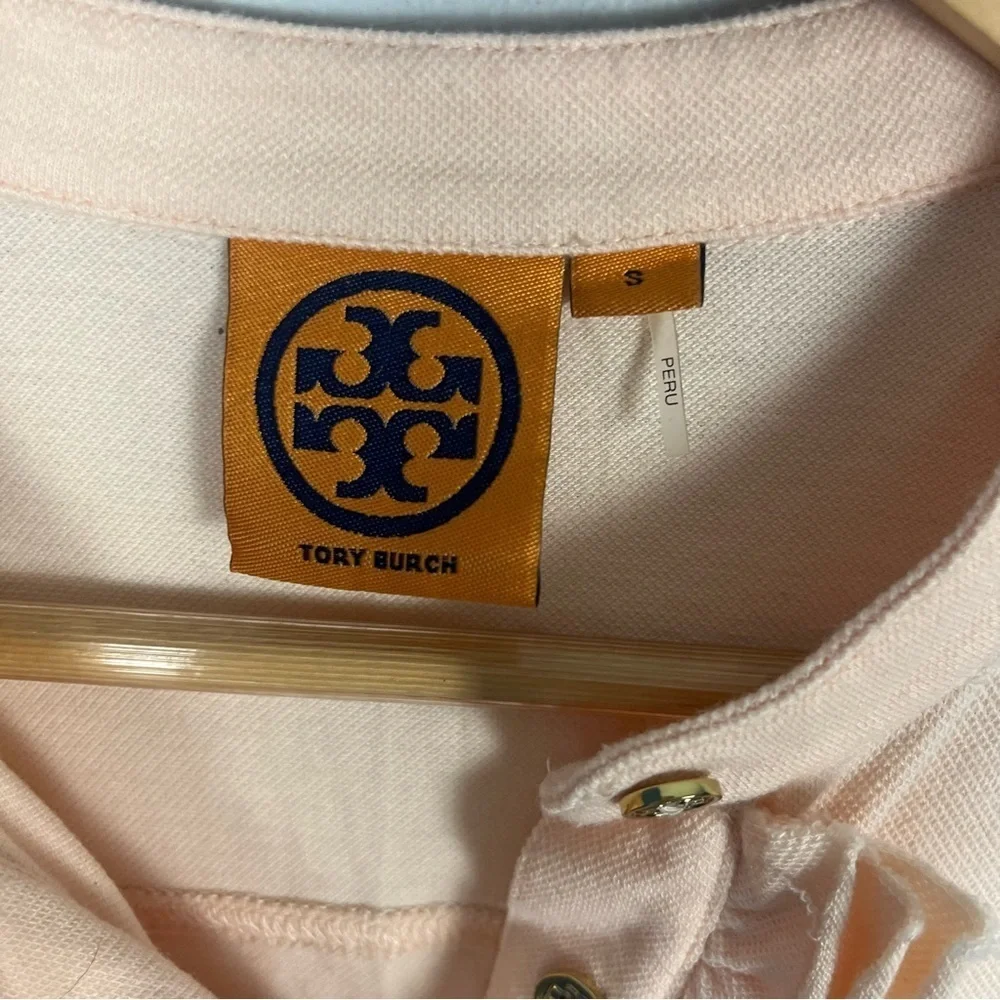 Tory Burch Lidia Long Sleeve Ruffle Polo Shirt Top Pale Pink Gold buttons size S